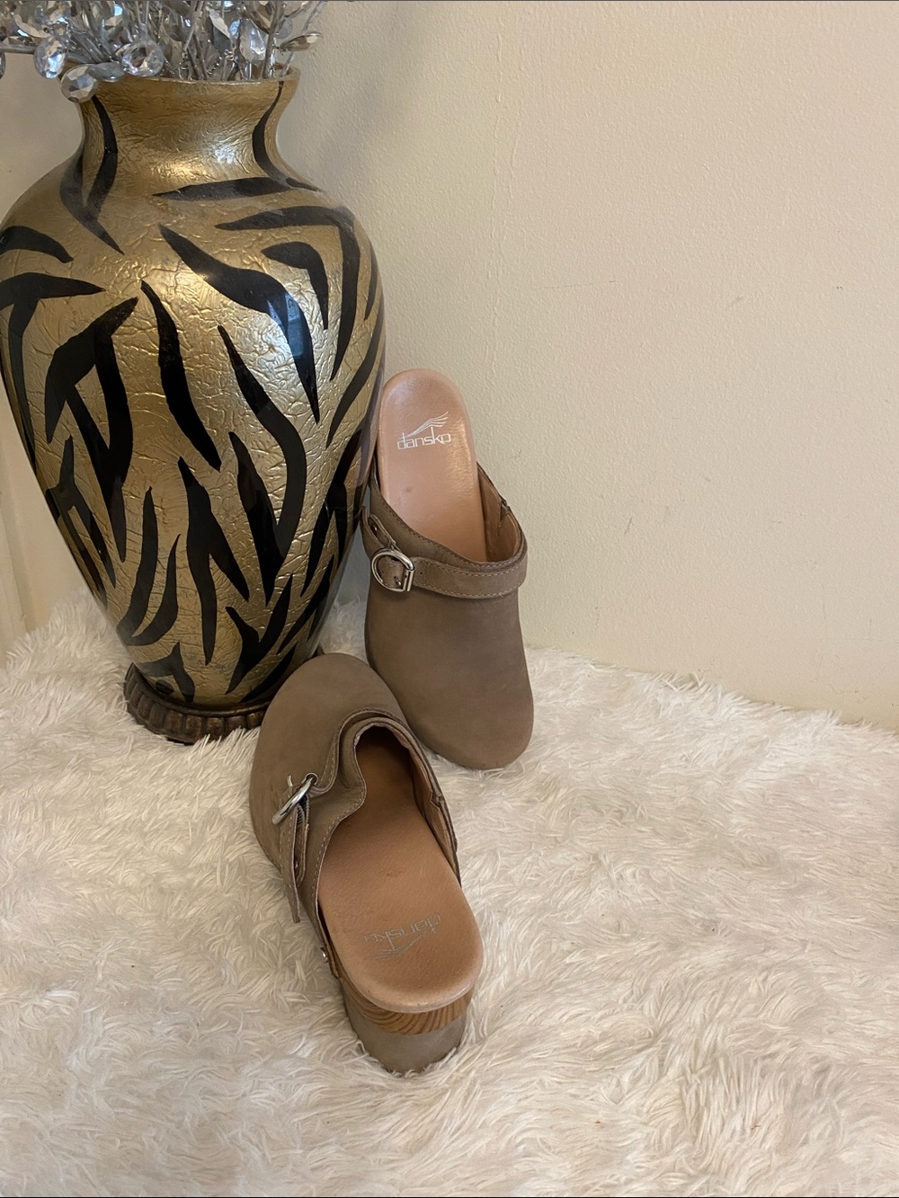 Dansko Taupe Suede Clog Mule with Buckle